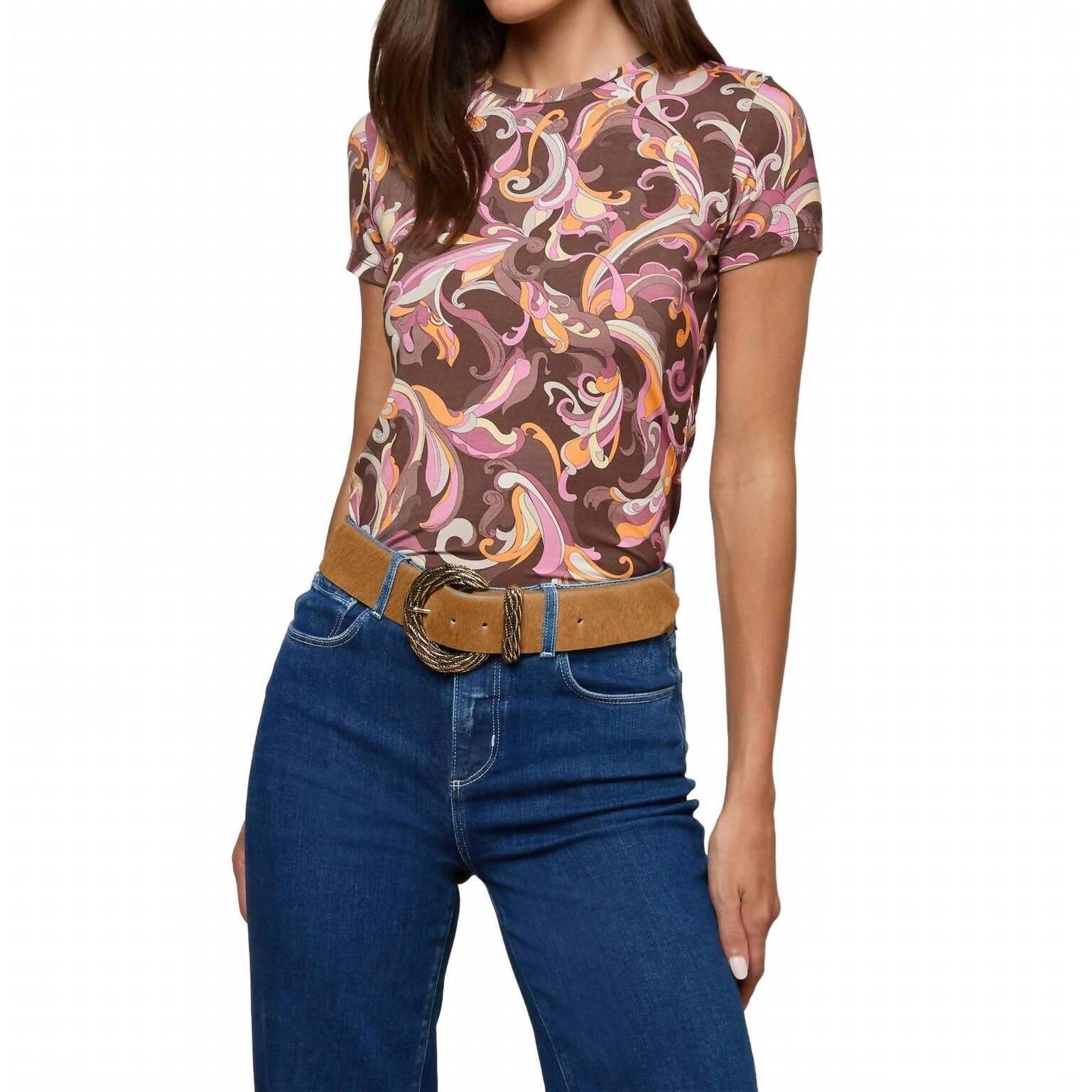 New L'agence Ressi Fitted Tee In Brown/Pink Multi Abstract Paisley